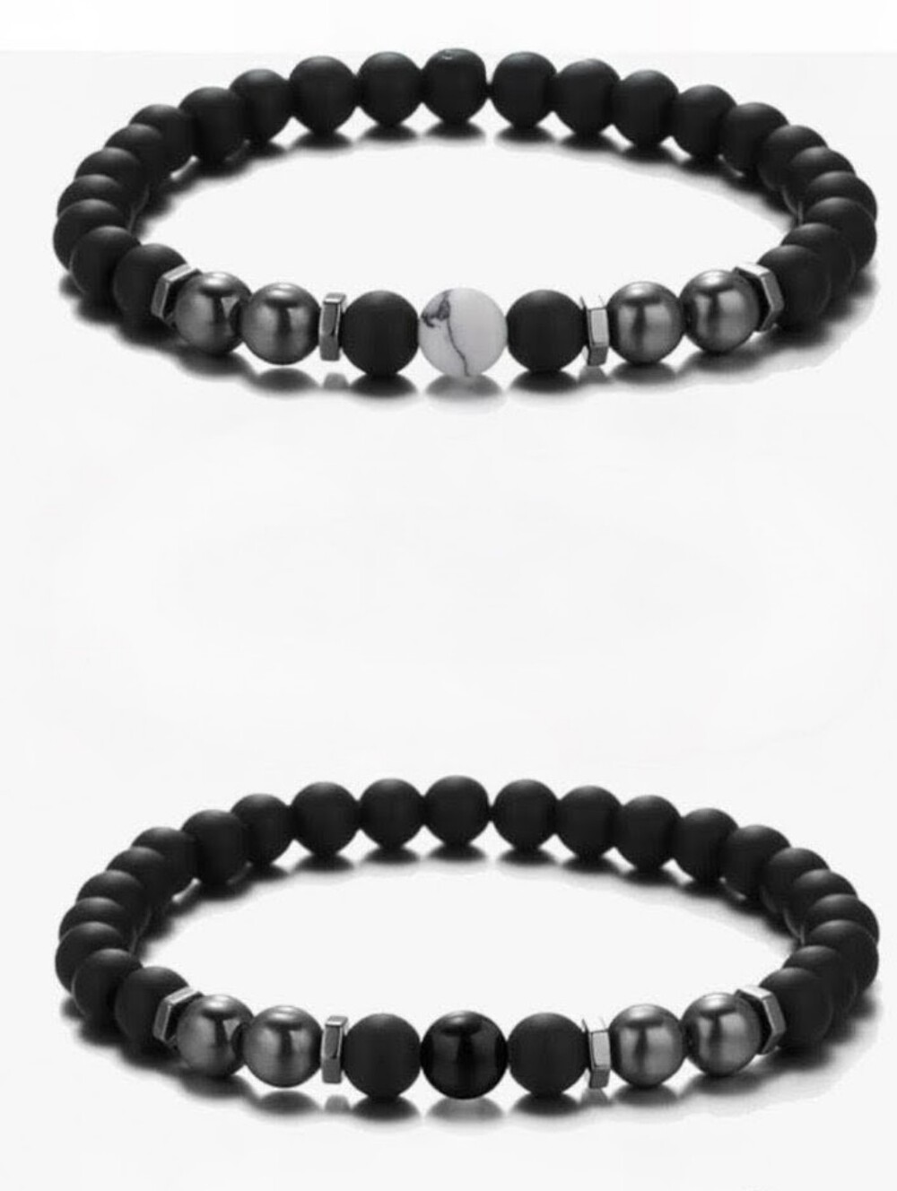 *2 pcs* Black Obsidian Hematite White Howlite Beaded Stretch Bracelets/Anklets